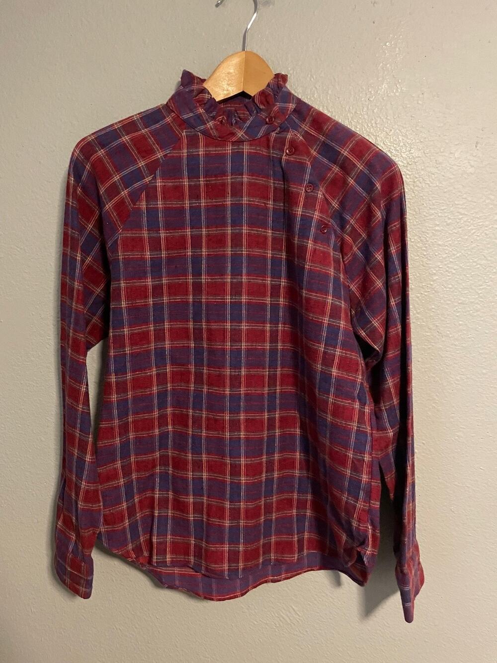 Vintage Womens Top Size 11 Red Plaid Ruffle High Neck Flannel 80s Cottagecore